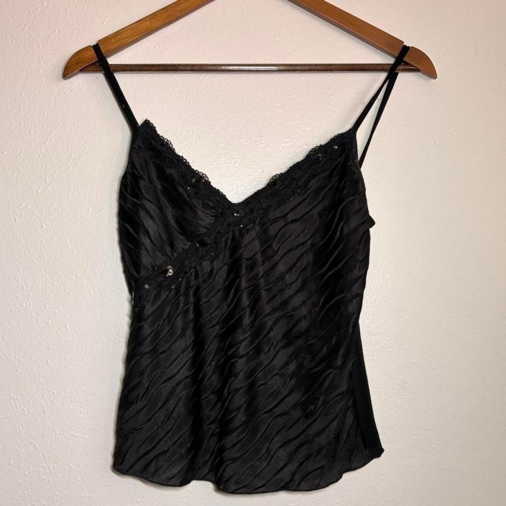 Vintage Y2K Black Textured Black Whimsigoth Cami Sequin Satin Lace Trim Grunge